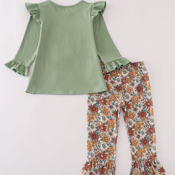 Abby and Evie Green Cow Applique Floral Print Ruffle Pants Set - Picture 2 of 6